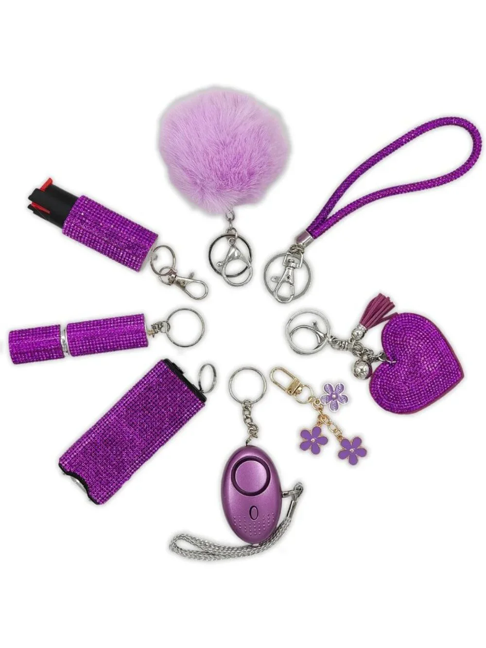 Chic Gift Keychain Set for Women - Wrist Strap, Heart Charm, Petal Decor & Pom